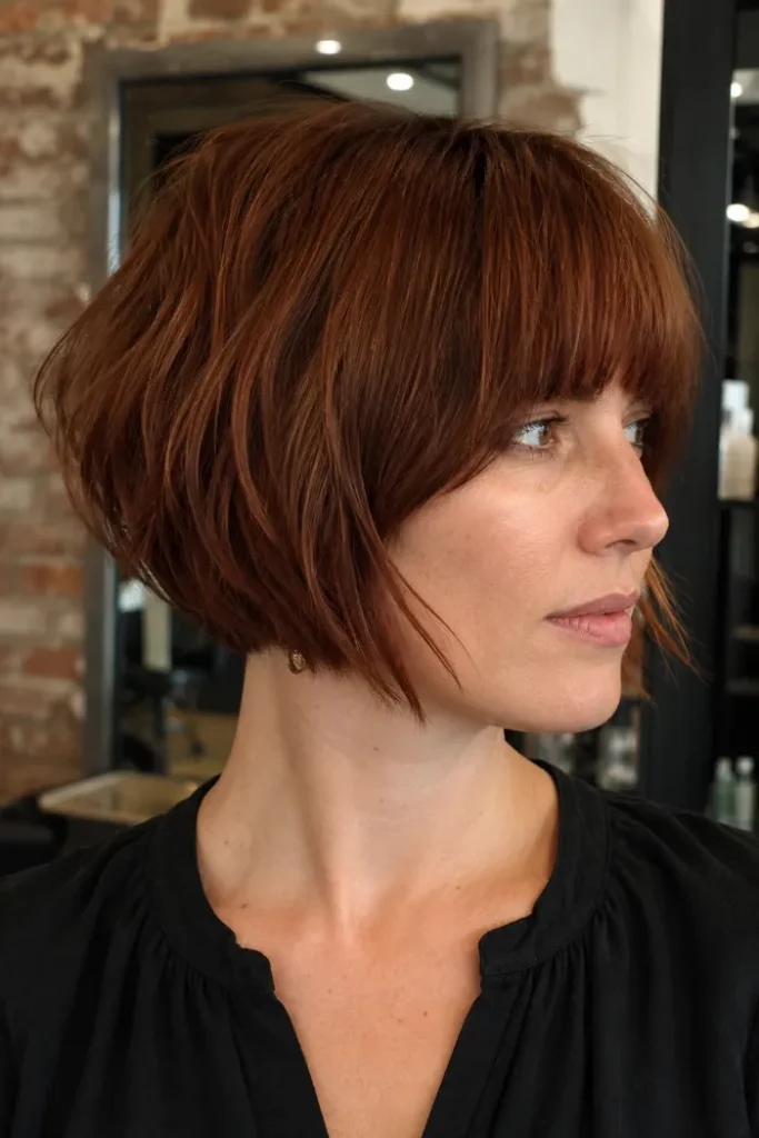 Angled bob with tapered nape and full fringe