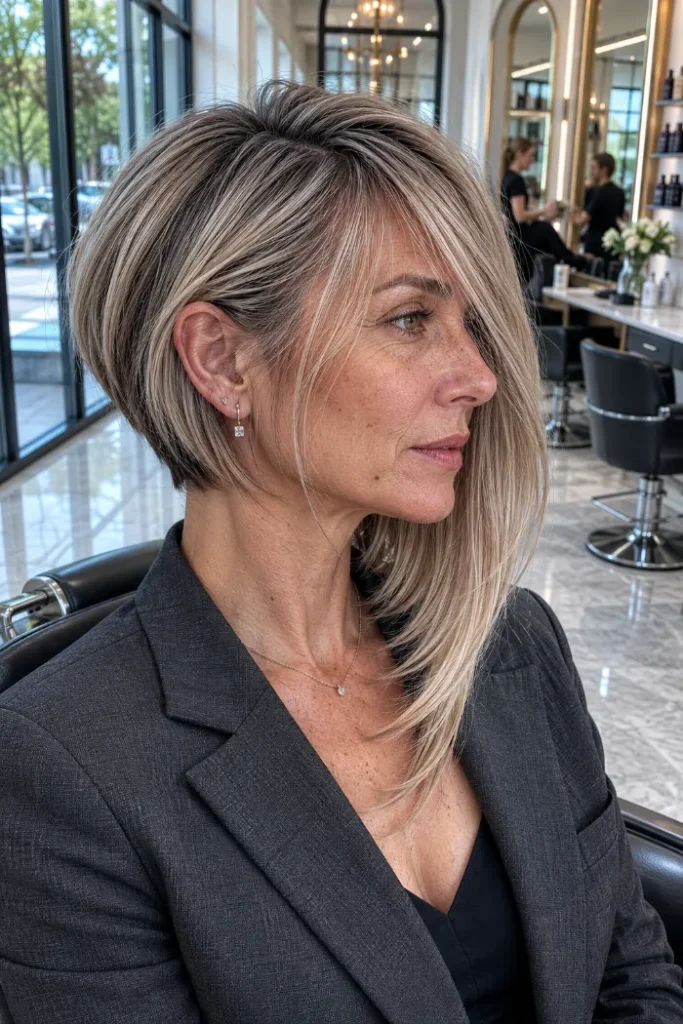 Asymmetrical angled bob with side fringe