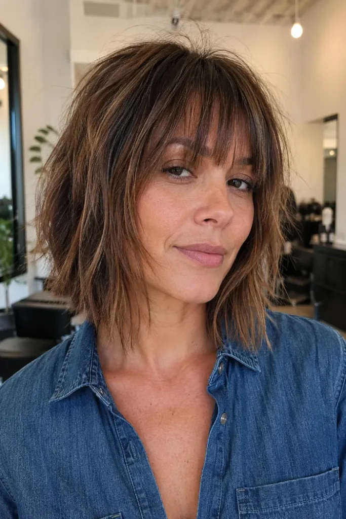 Choppy angled bob with piecey fringe