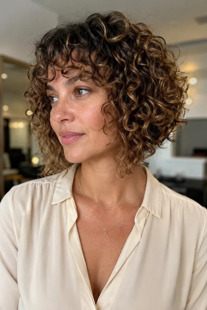 Curly angled bob with rounded fringe