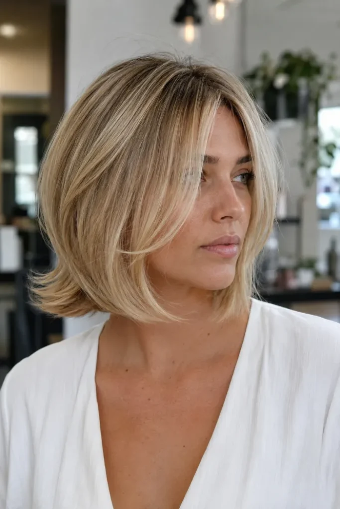 Modern angled bob with flipped ends