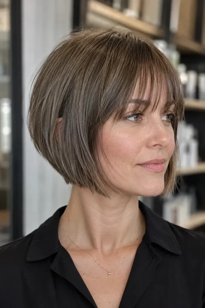 Sharp chin-length angled bob with micro texture