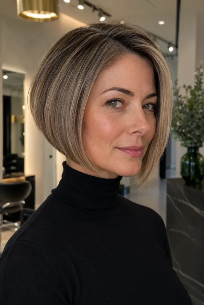 Sleek glass angled bob with deep side part