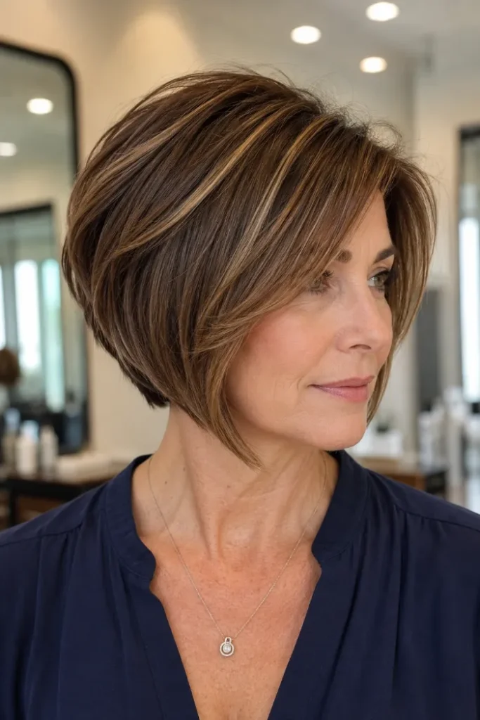 Stacked angled bob with rounded crown lift