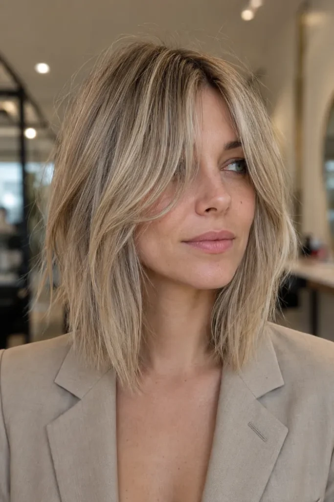 Textured angled lob with long bottleneck fringe