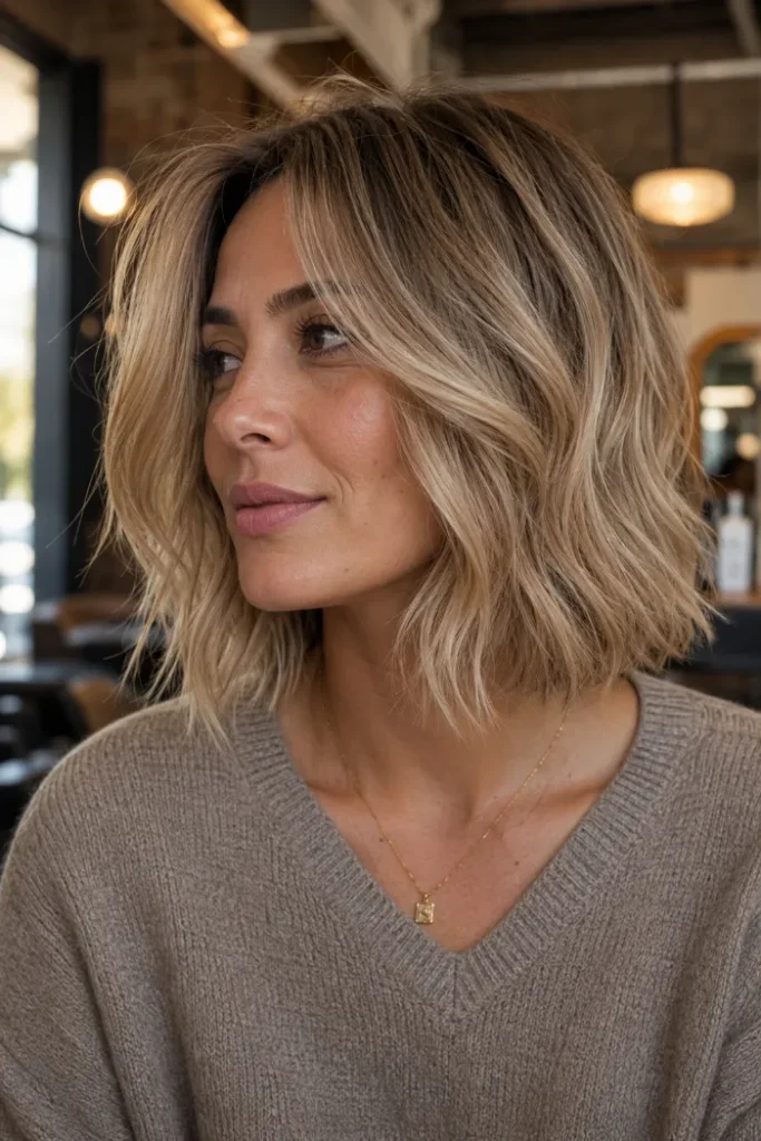 Wavy angled bob with soft curtain bangs