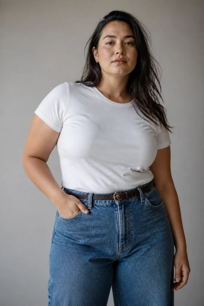 Barrel jeans outfit for plus size women with a fitted white tee