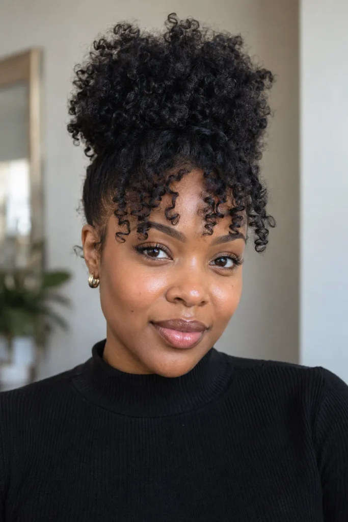 High afro puff with curly bangs