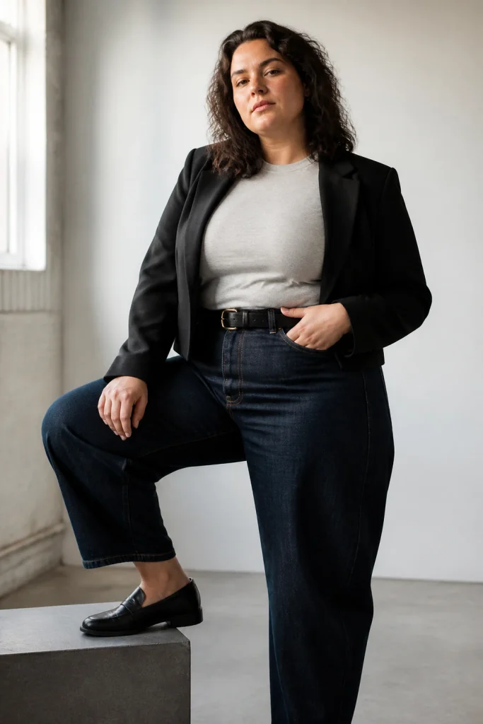 Cropped blazer with dark barrel jeans for plus size women