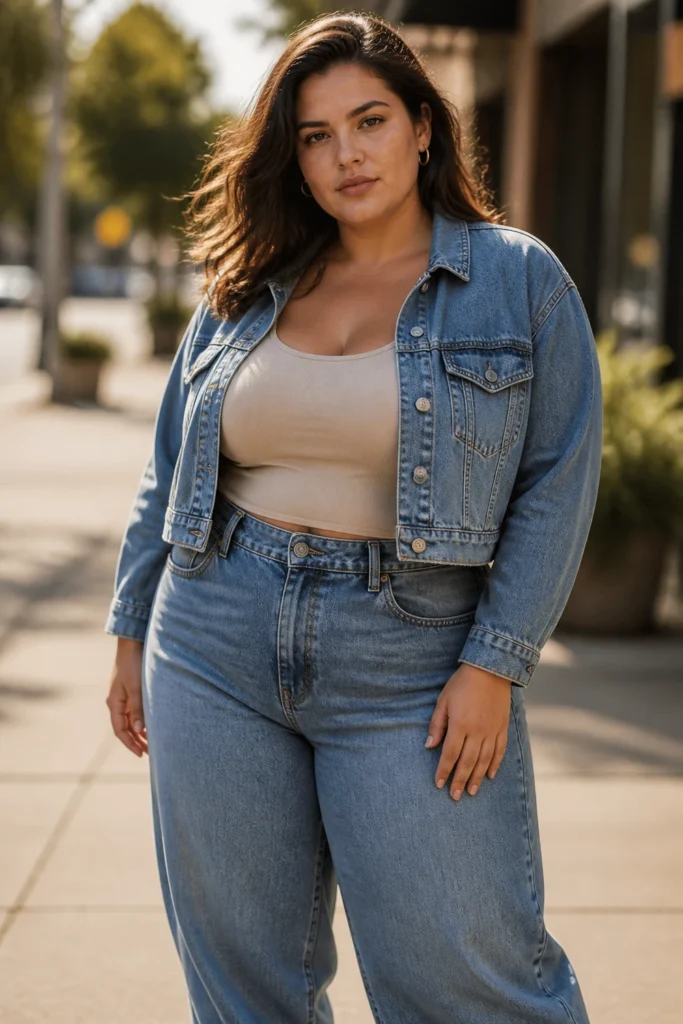 Denim on denim outfit with barrel jeans for plus size women