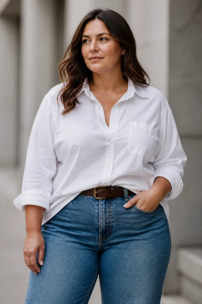 White button down shirt with barrel jeans for plus size women