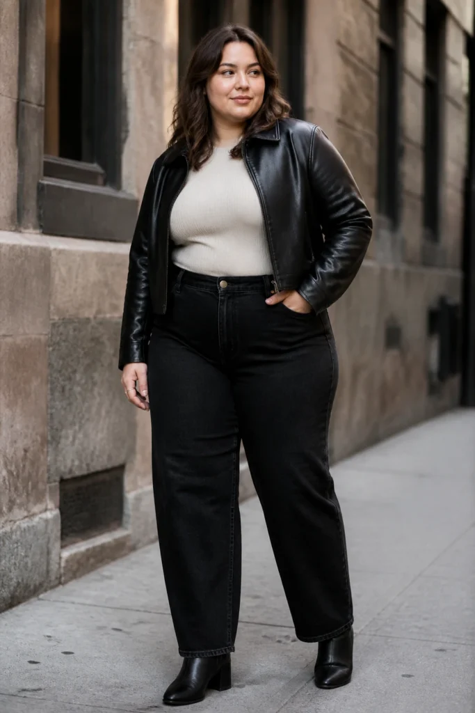 Leather jacket with black barrel jeans for plus size women