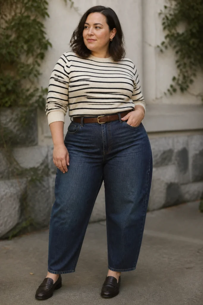 Striped sweater with barrel jeans for plus size women