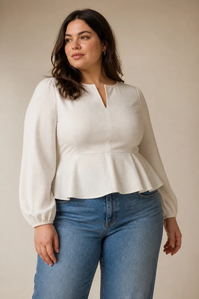Peplum top with barrel jeans for plus size women