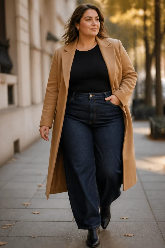 Long coat over barrel jeans for plus size women