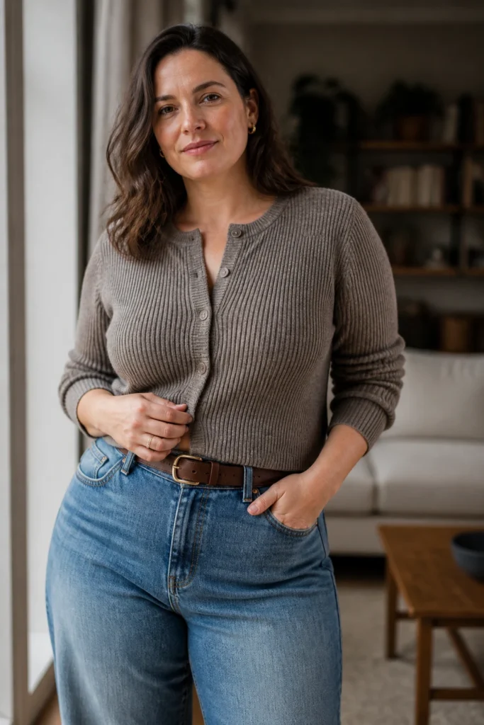 Cardigan with barrel jeans for plus size women