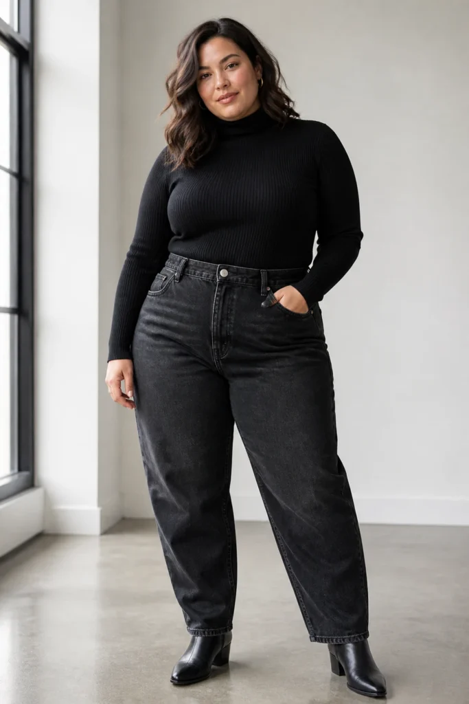 Black barrel jeans outfit for plus size women with a fitted turtleneck