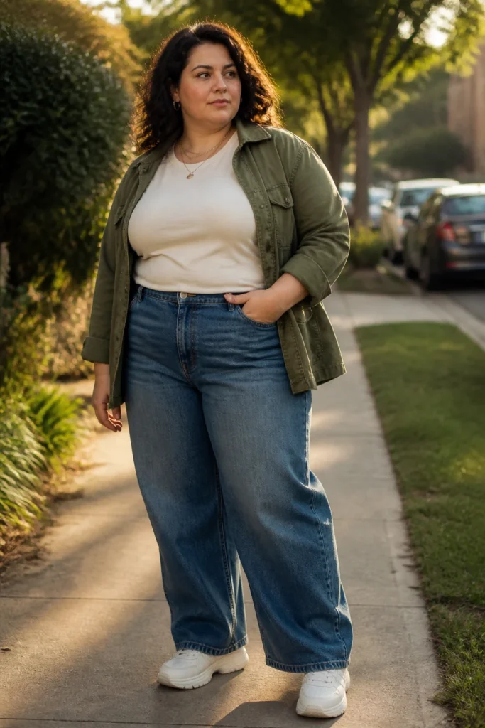 Utility jacket with barrel jeans for plus size women
