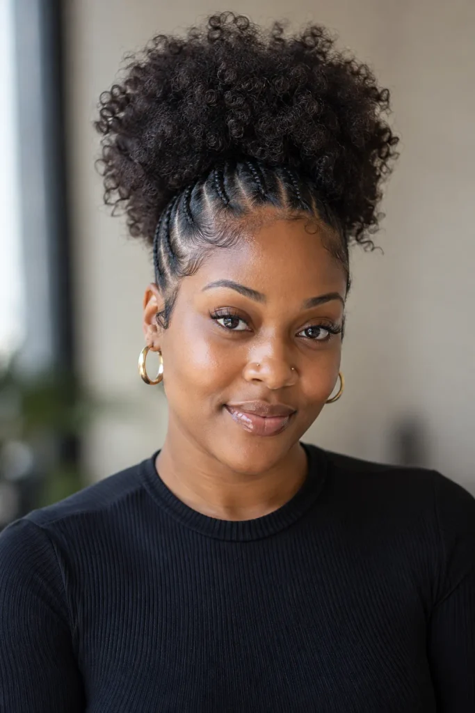 Afro puff with a cornrow base