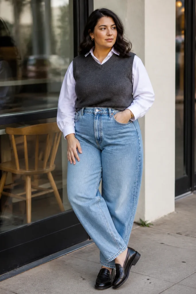 Sweater vest with barrel jeans for plus size women