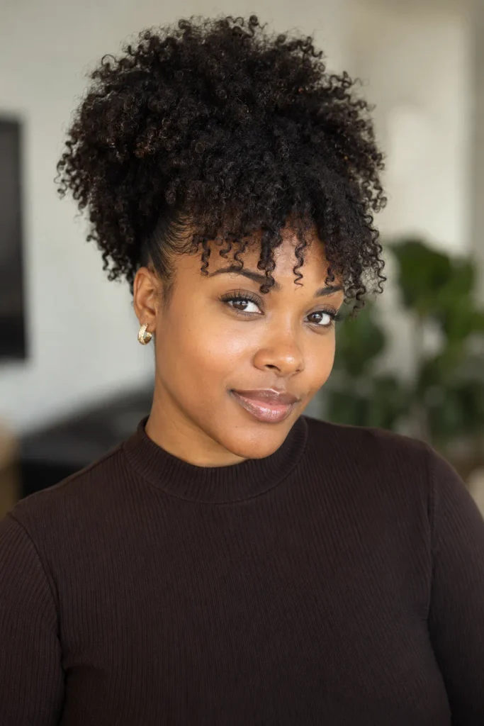 Afro puff with a soft fringe