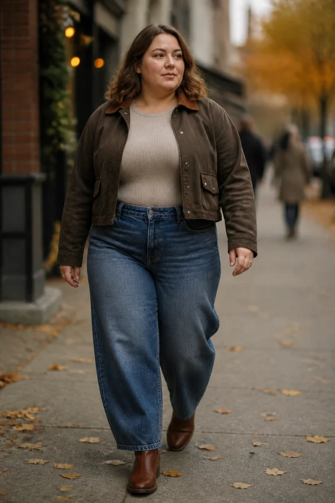 Barn jacket with barrel jeans for plus size women