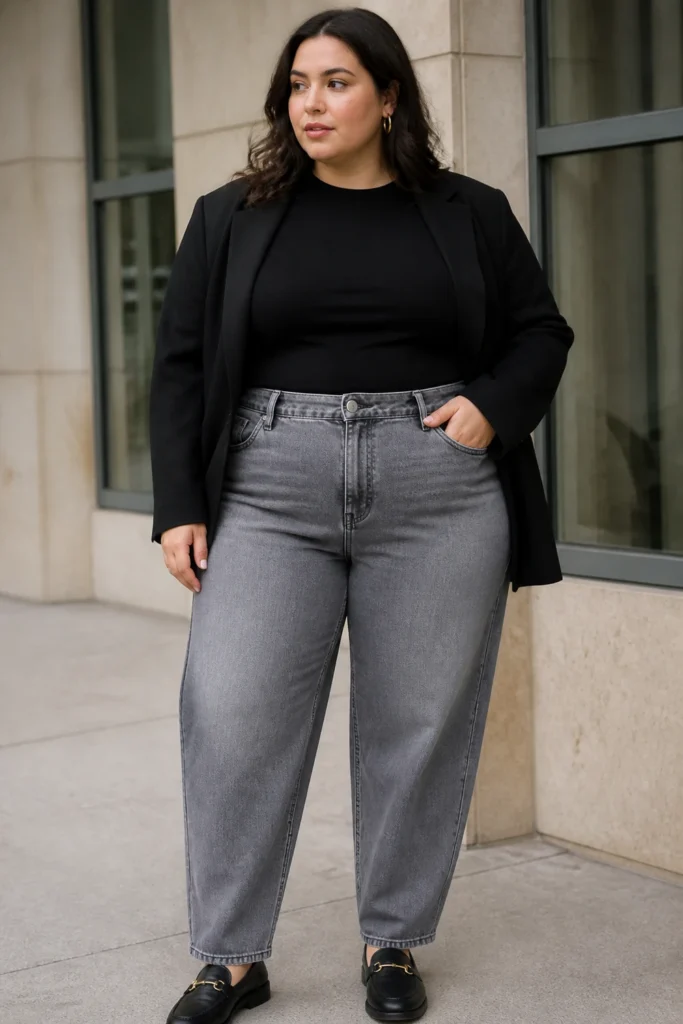 Gray barrel jeans with a black blazer for plus size women