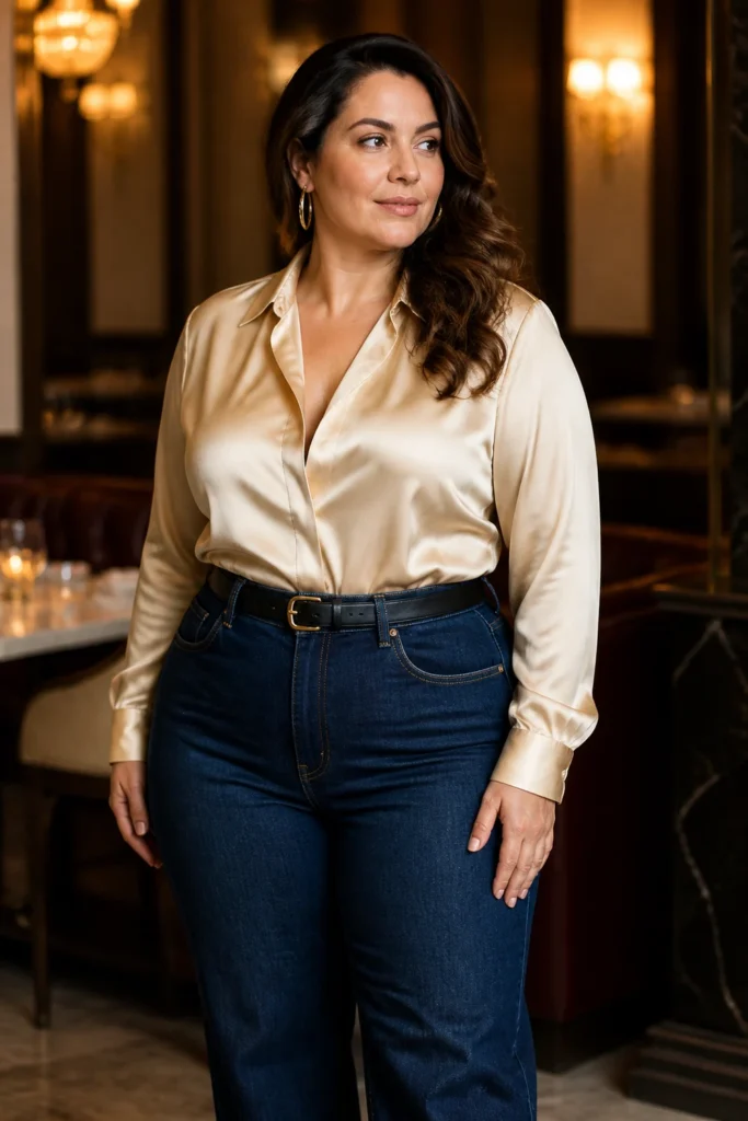 Dark indigo barrel jeans with a satin blouse for plus size women