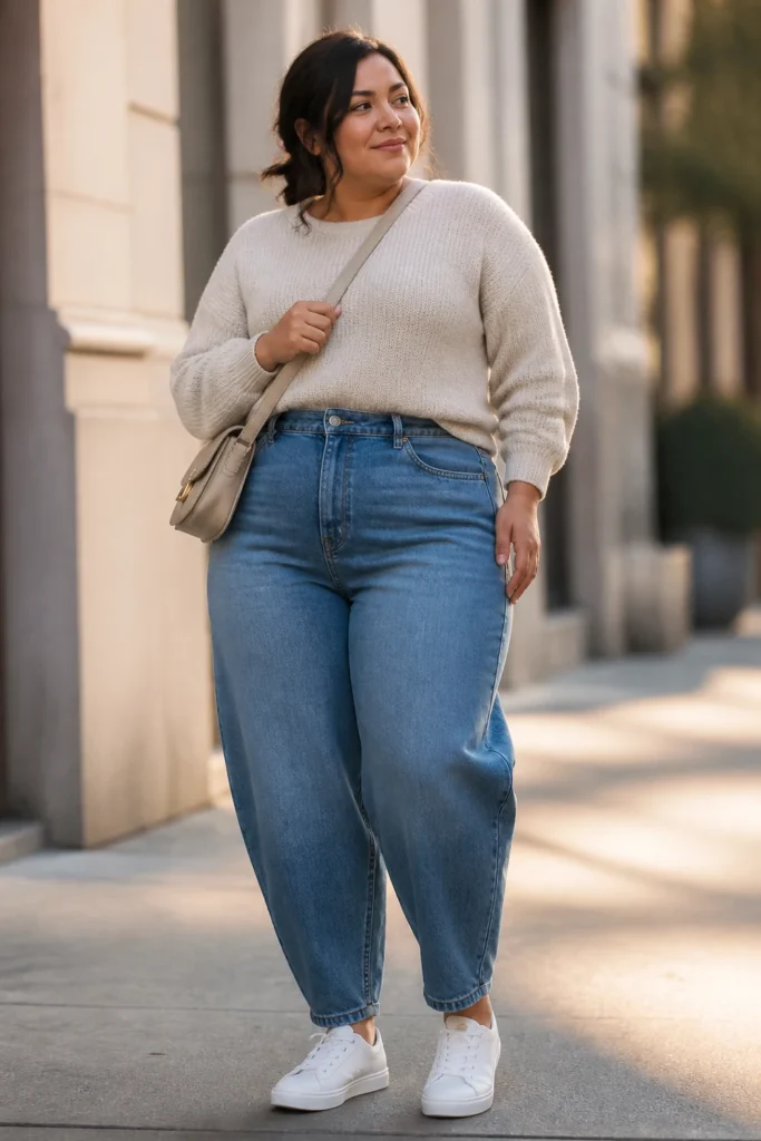 Cropped knit with barrel jeans for plus size women