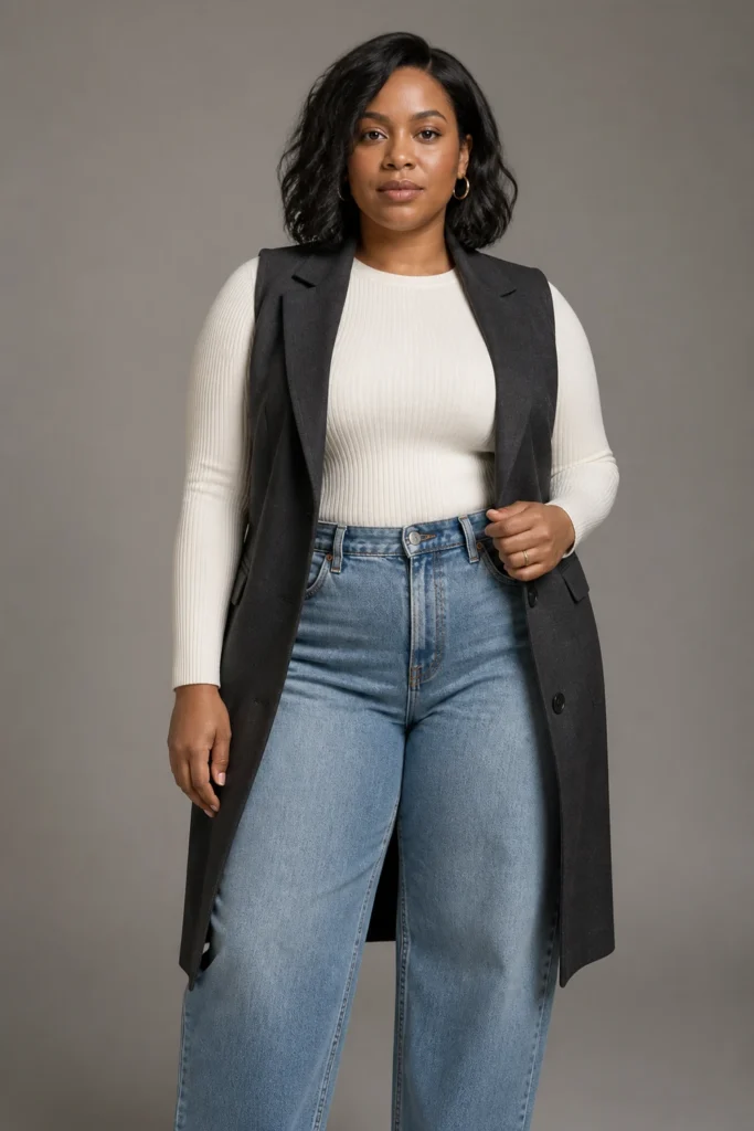 Long tailored vest with barrel jeans for plus size women