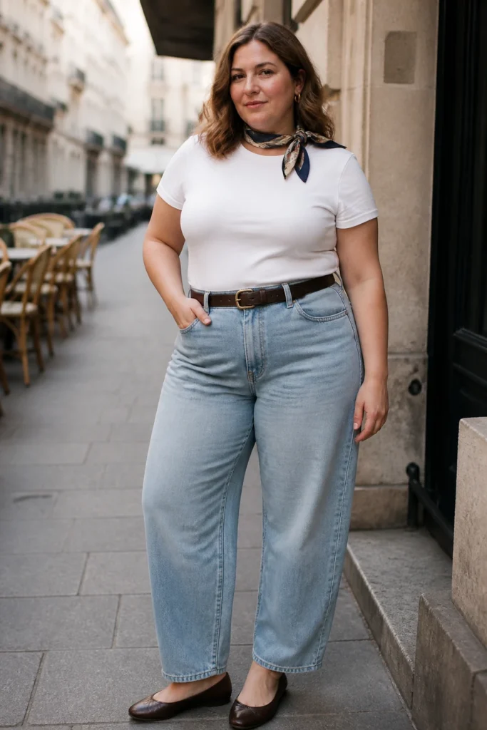 Scarf and ballet flats with barrel jeans for plus size women