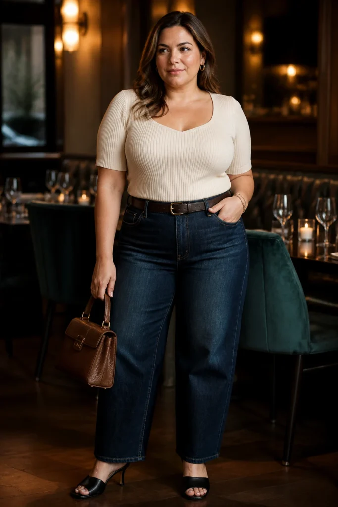 Casual dinner outfit with barrel jeans for plus size women